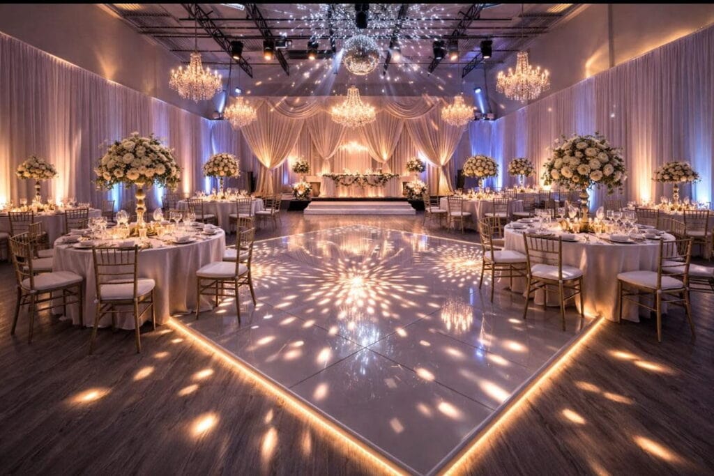 Formal wedding reception venue with chandeliers, draped walls, a stage, and tall centerpieces.