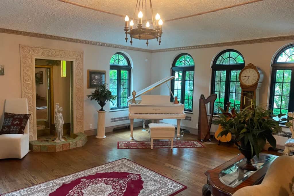 an eclectic illinois mansion music room