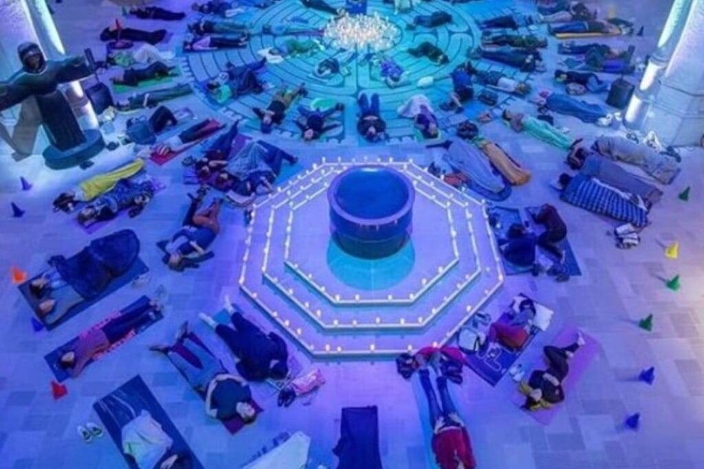 People lay on the floor of Grace Cathedral enjoying a sound bath