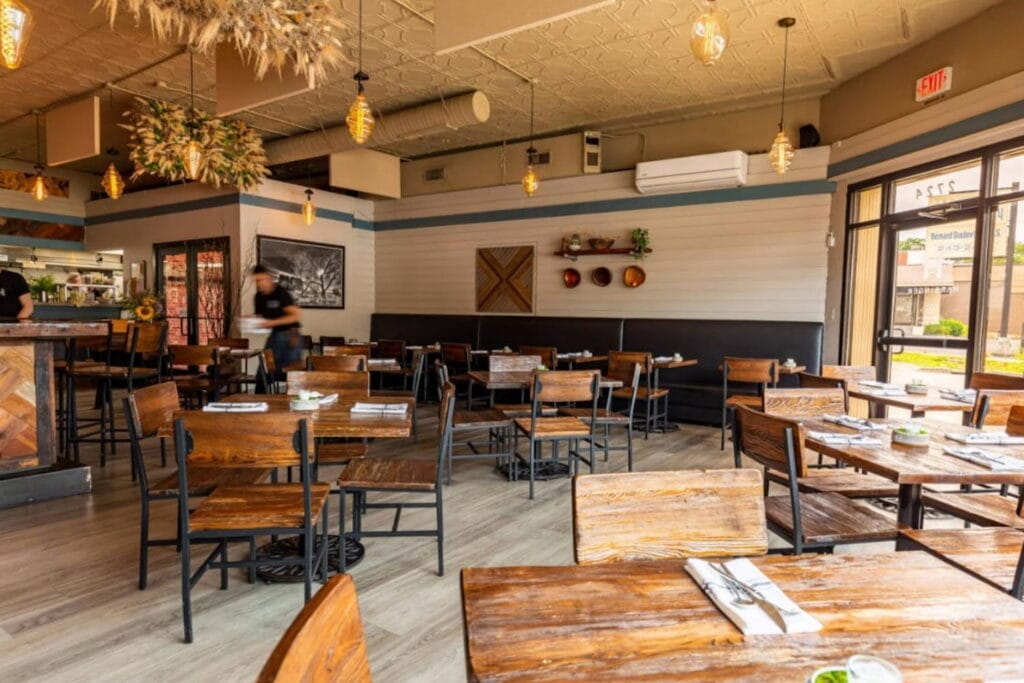 Interior shot of dining room at Harbinger restaurant in Des Moines