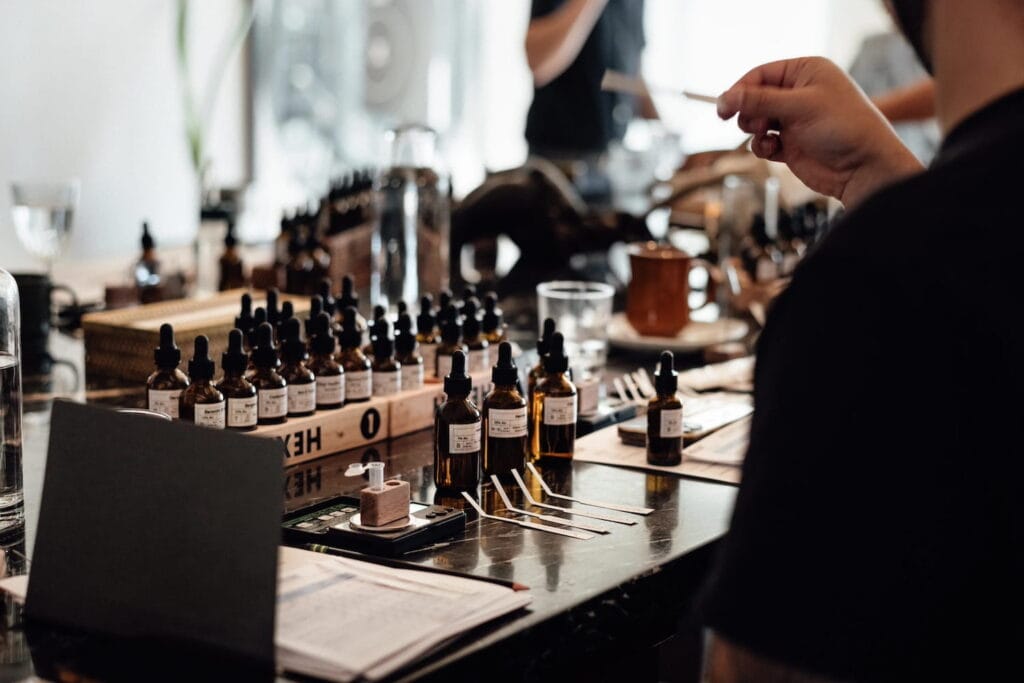 People create their own perfumes at a perfume-making studio