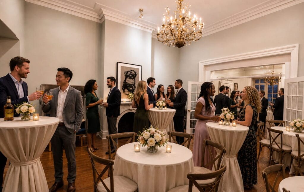 Partygoers mingle in a historic space in Baltimore with fireplaces, chandeliers, and large windows