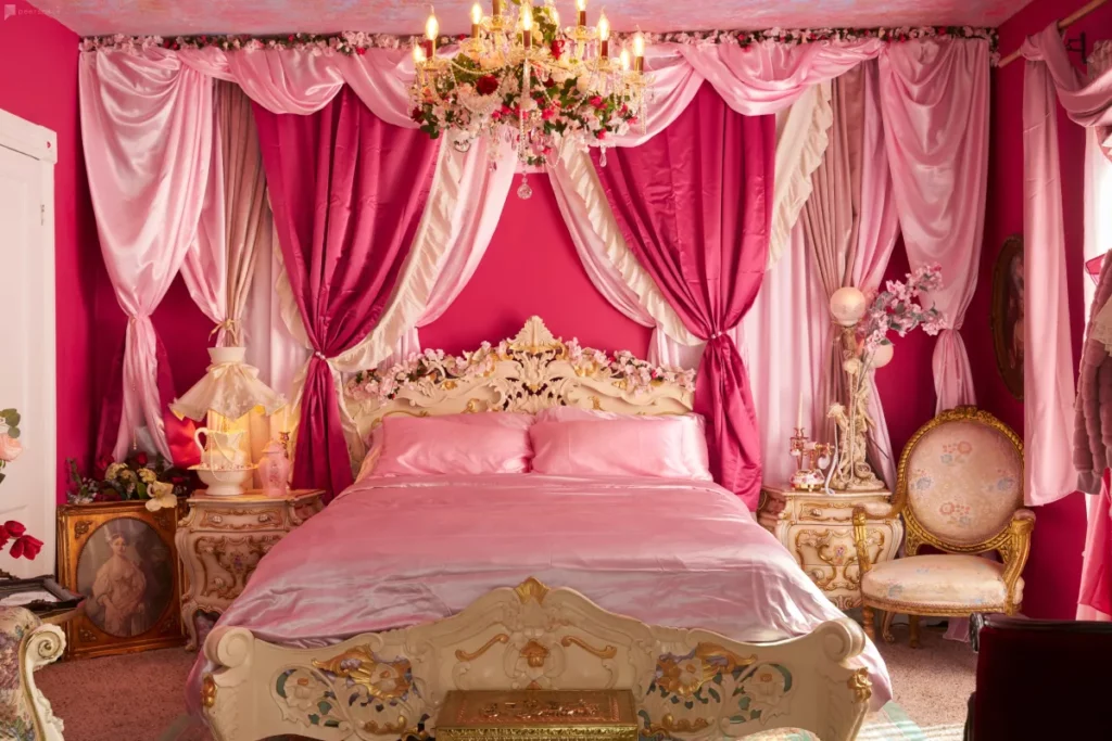 Pink vintage bedroom inside The Pink Play House in Houston