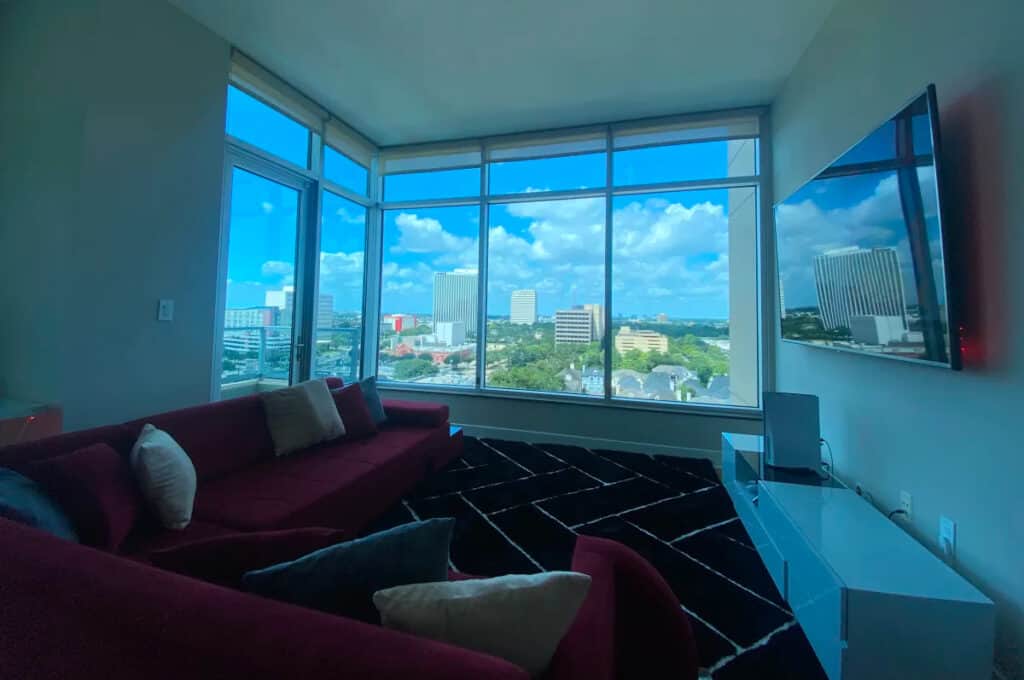 houston penthouse red couch