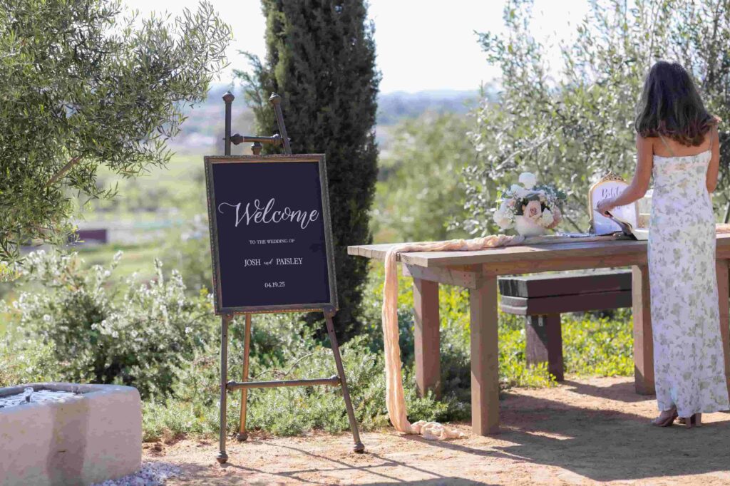 Welcome chalkboard at outdoor wedding in Richmond, VA