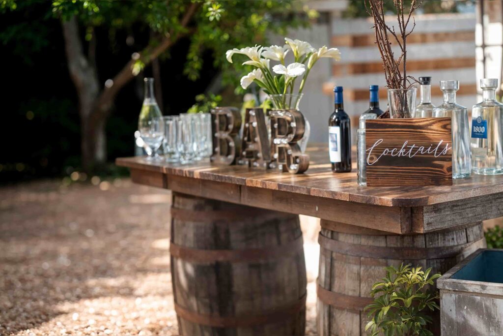 Outdoor garden cocktail bar setup for a Richmond wedding reception