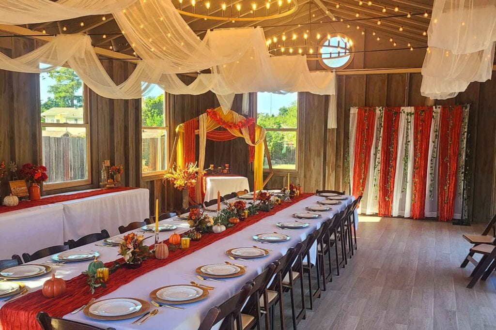 Elegant banquet hall dining setup for an Indian event in Indiana