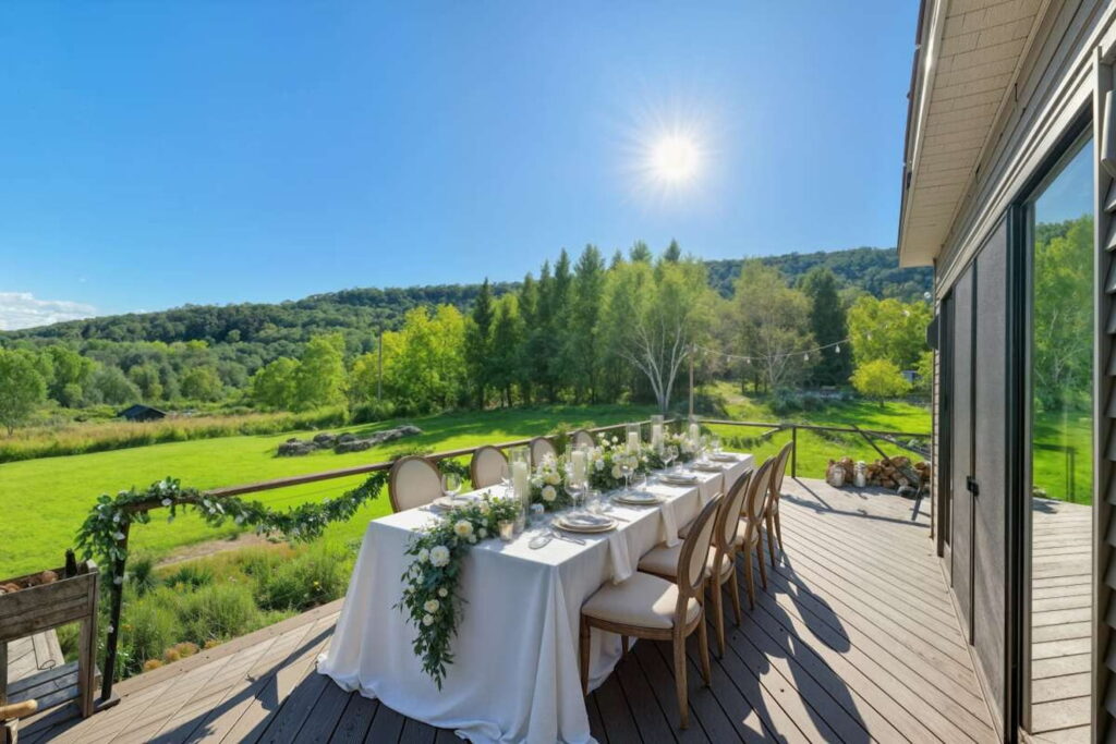 An intimate reception set up on the deck of a house overlooking hills in the sunshine with a long table decorated in green garland with white flowers
