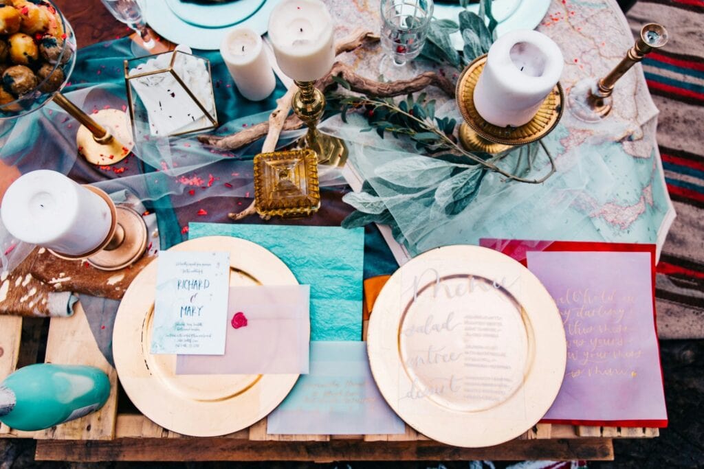 a floral vintage event flat lay