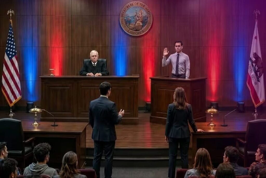 A courtroom scene with a witness raising his right hand next to a judge and two prosecutors in the foreground