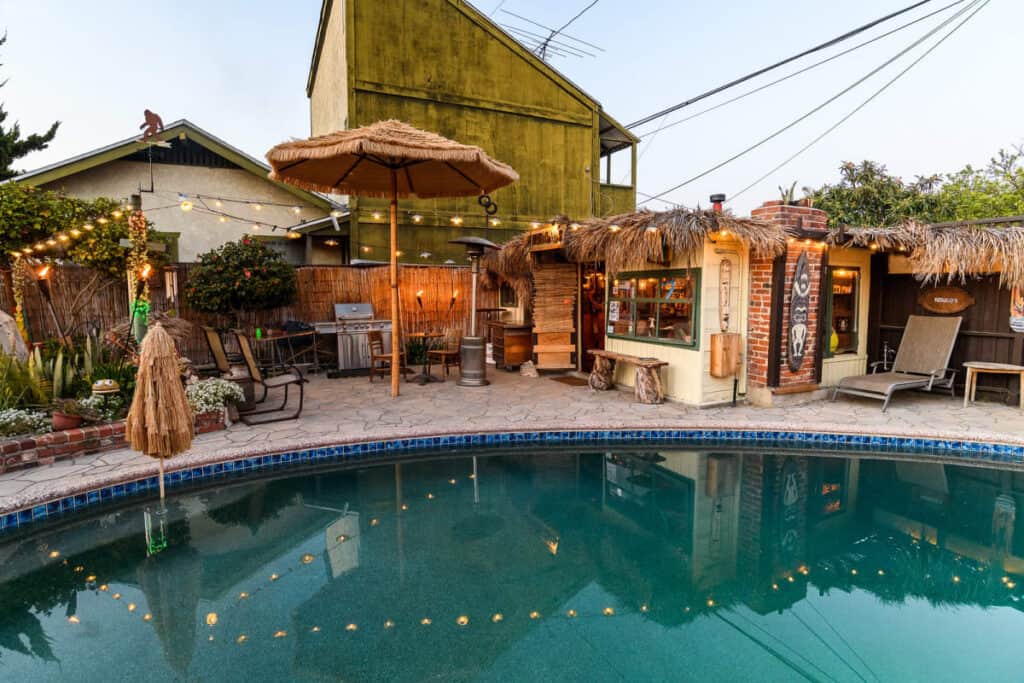 Vintage Tiki Backyard Production w Pool, and Pond