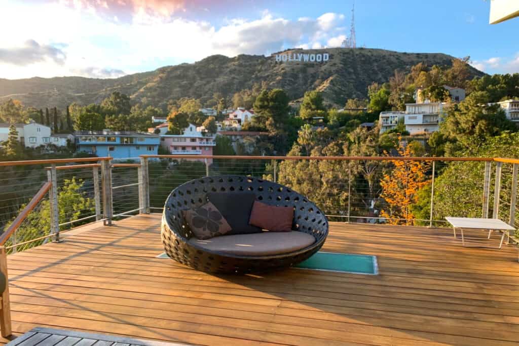 a los angeles patio with hollywood sign views