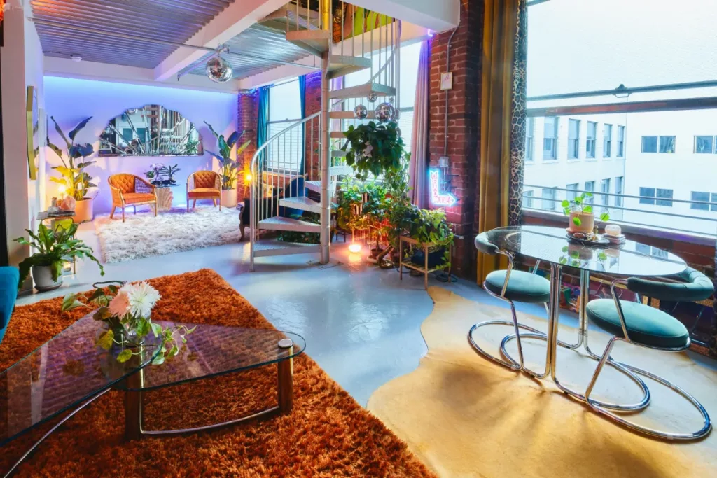 colorful 70s disco loft