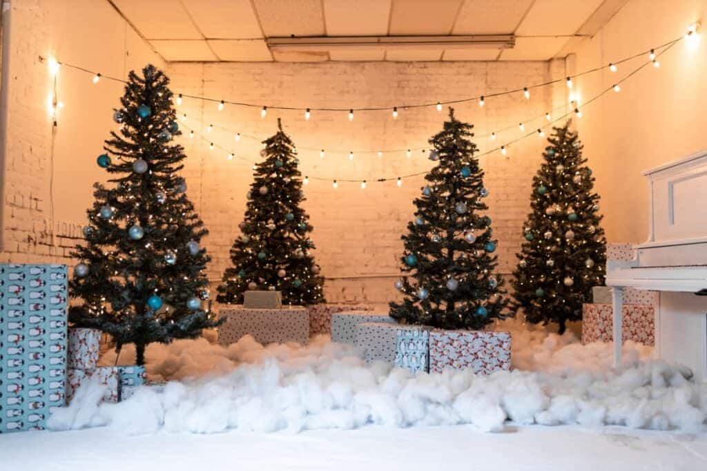 an indoor studio with christmas trees and cotton snow