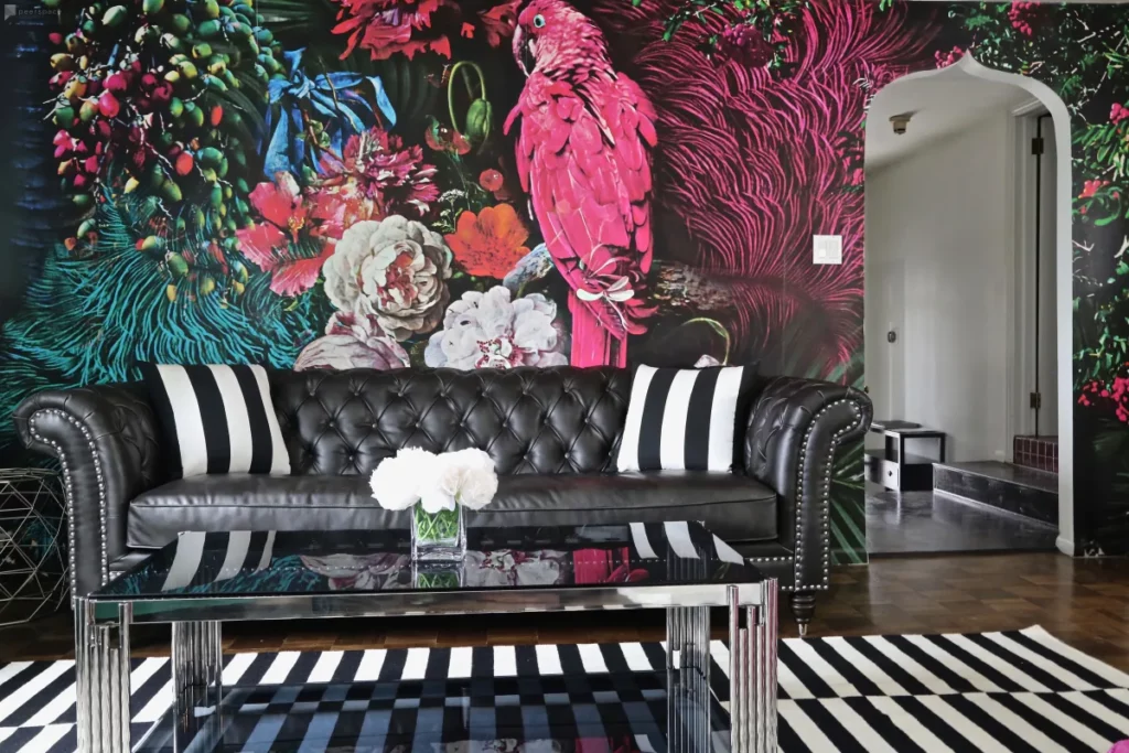 A colorful living room with a mural of flowers and a parrot is one of the top music video ideas