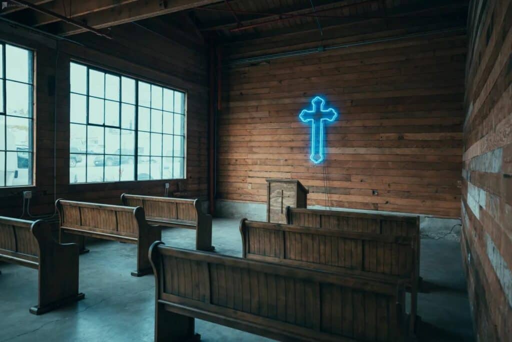 neon church with wood paneling production space