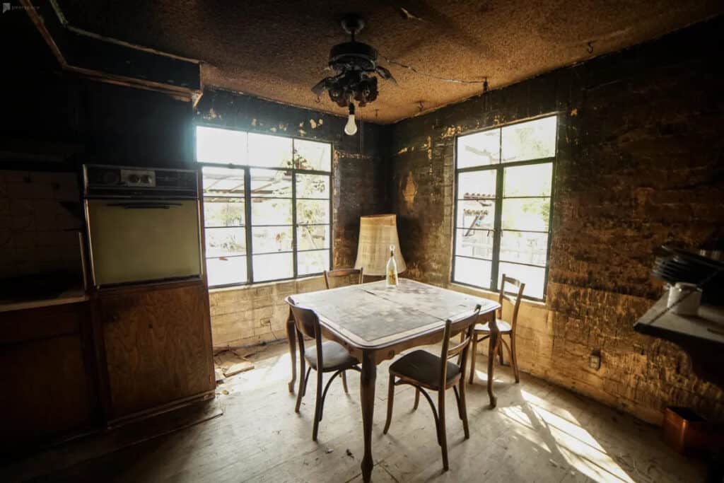 abandoned burned home in los angeles kitchen