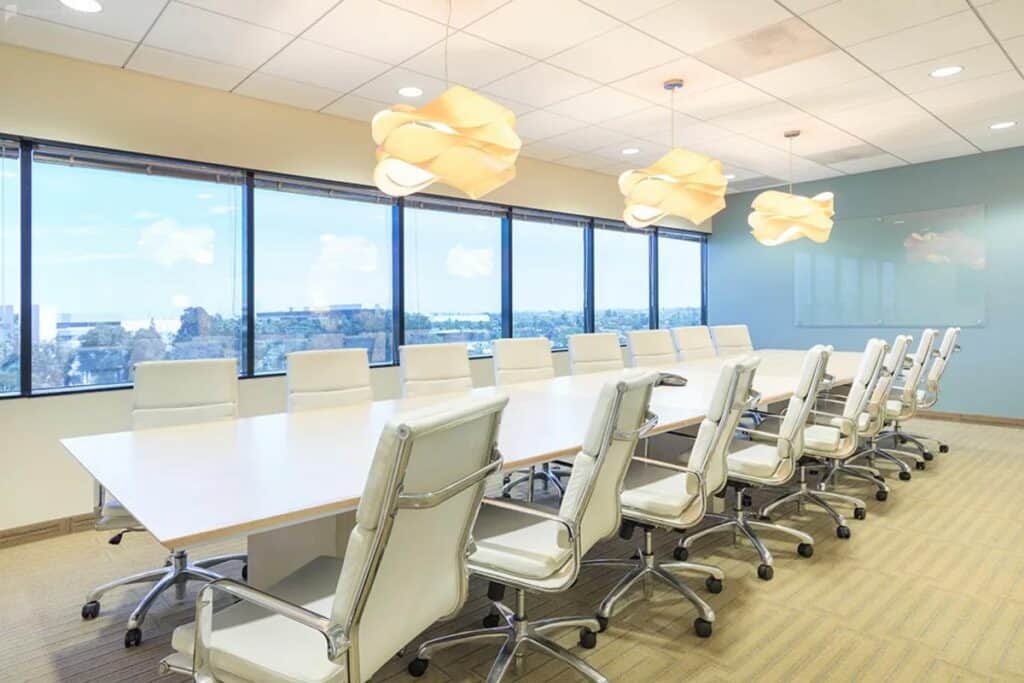 An elegant conference space with beach views