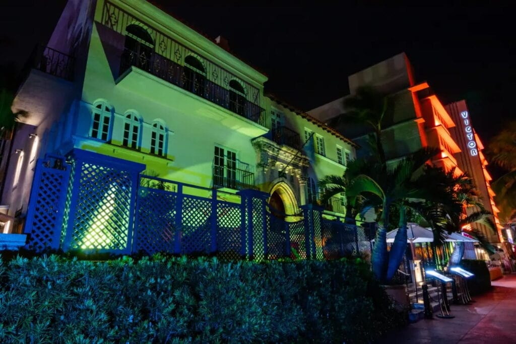 Classic Miami homes and buildings are lit up in haunting lights