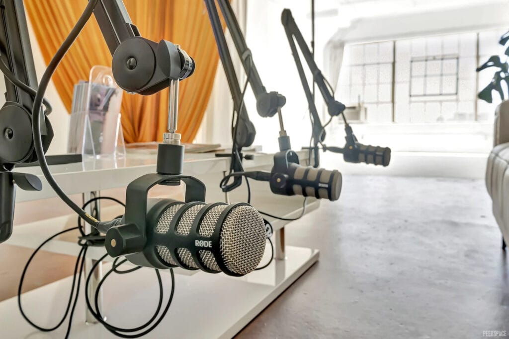 Closeup of microphone bay inside brightly sun-lit studio space