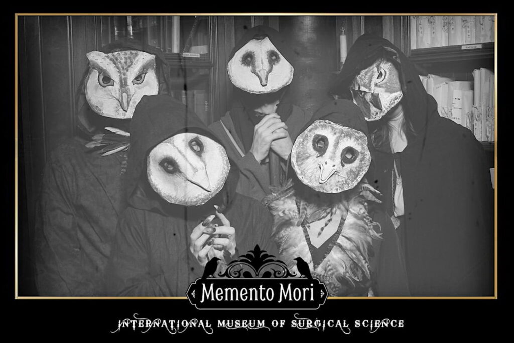 Black and white poster advertising the Memento Mori Halloween gala