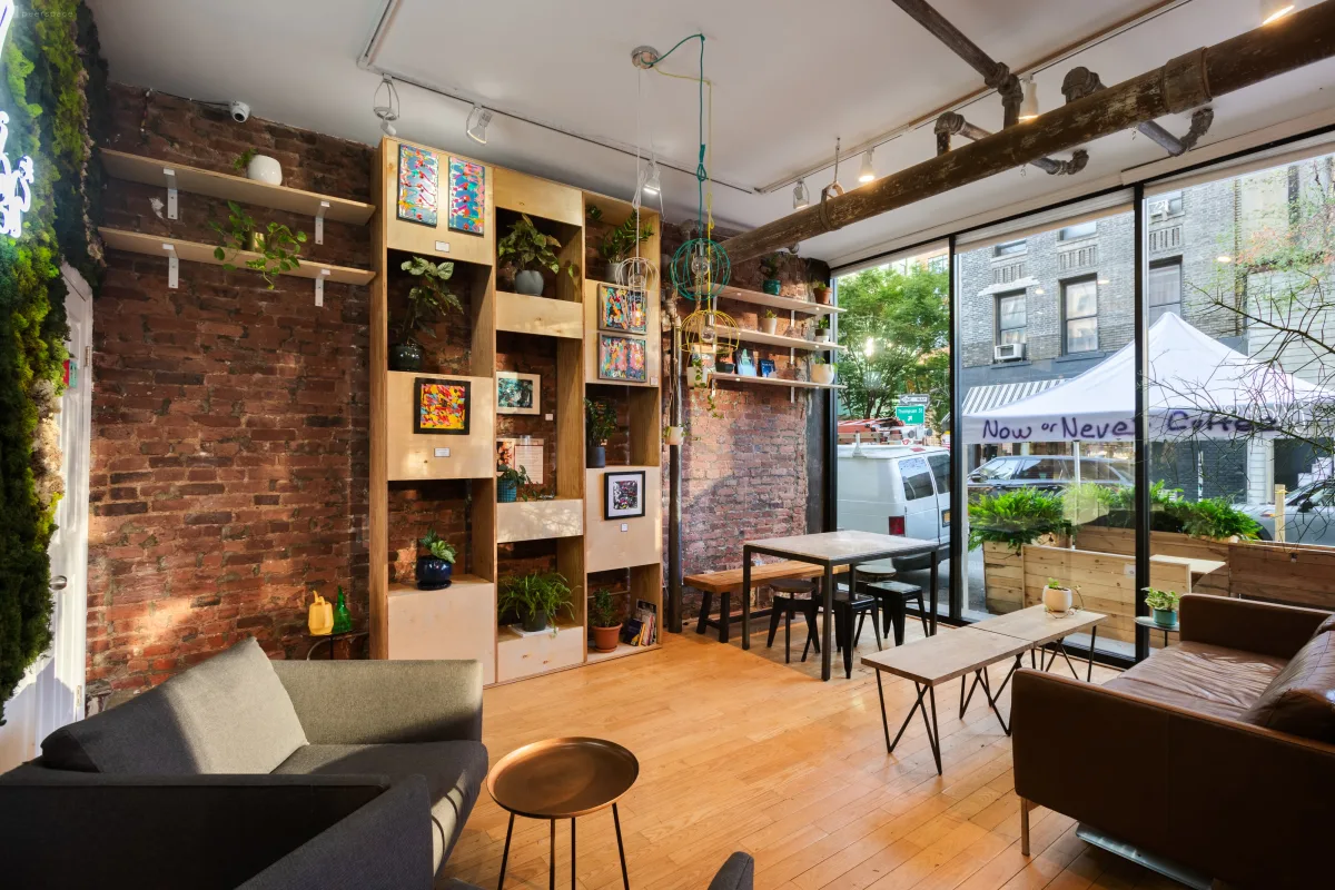 Beautiful brick wall exposed cozy coffee shop in SOHO