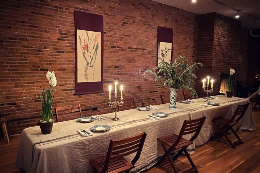 dinner party venue with exposed brick walls