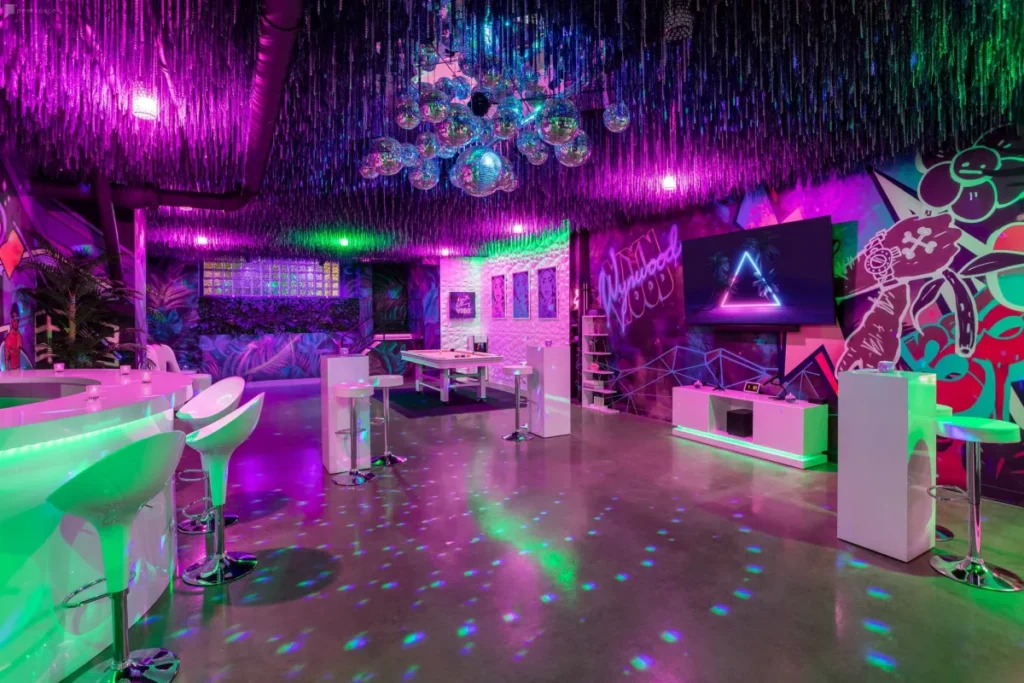 steampunk interior, cyberpunk club with neon lights, fantasy retro