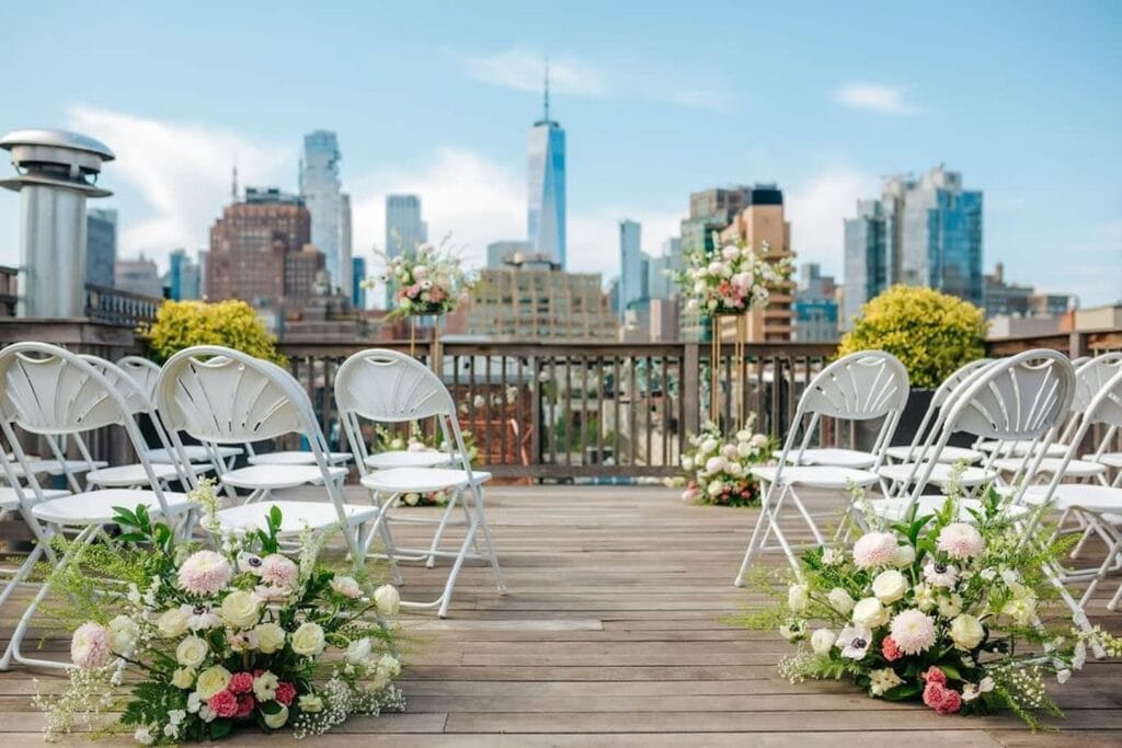 Pastel floral arrangements sit on tall stands at a makeshift altar in front of two rows of folding chairs on a city rooftop with downtown views