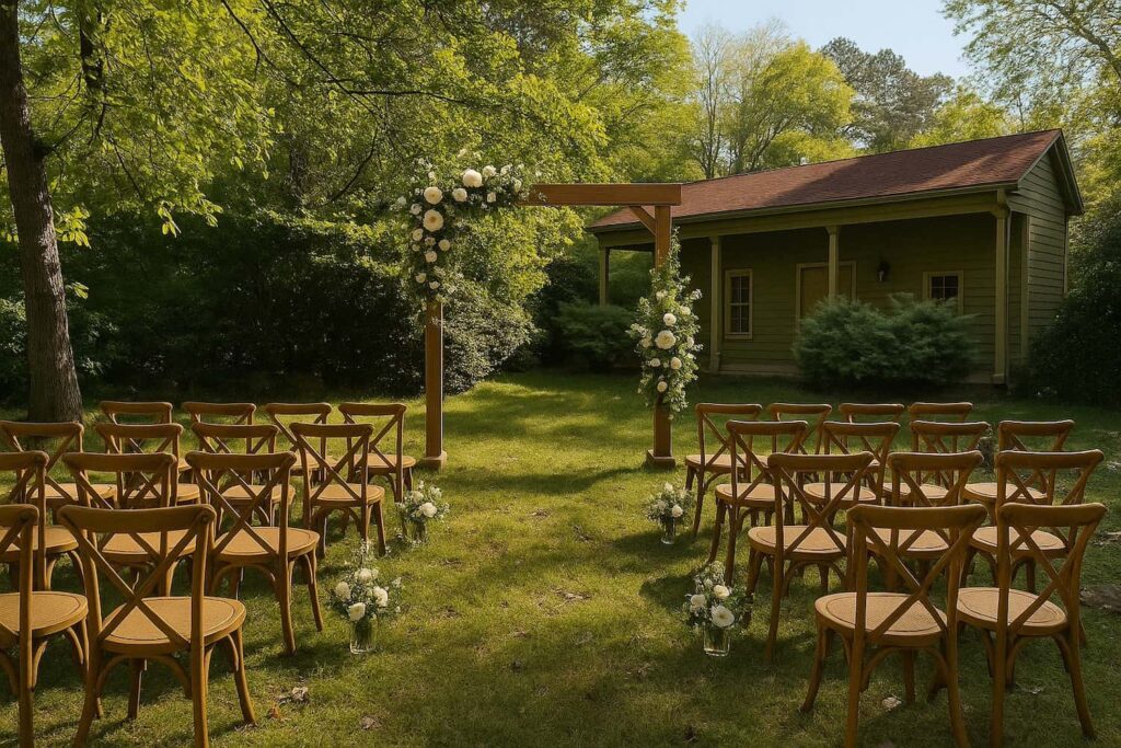 A sweet and simple outdoor wedding ceremony set up in the grass with wooden chairs and wooden altar draped in white flowers