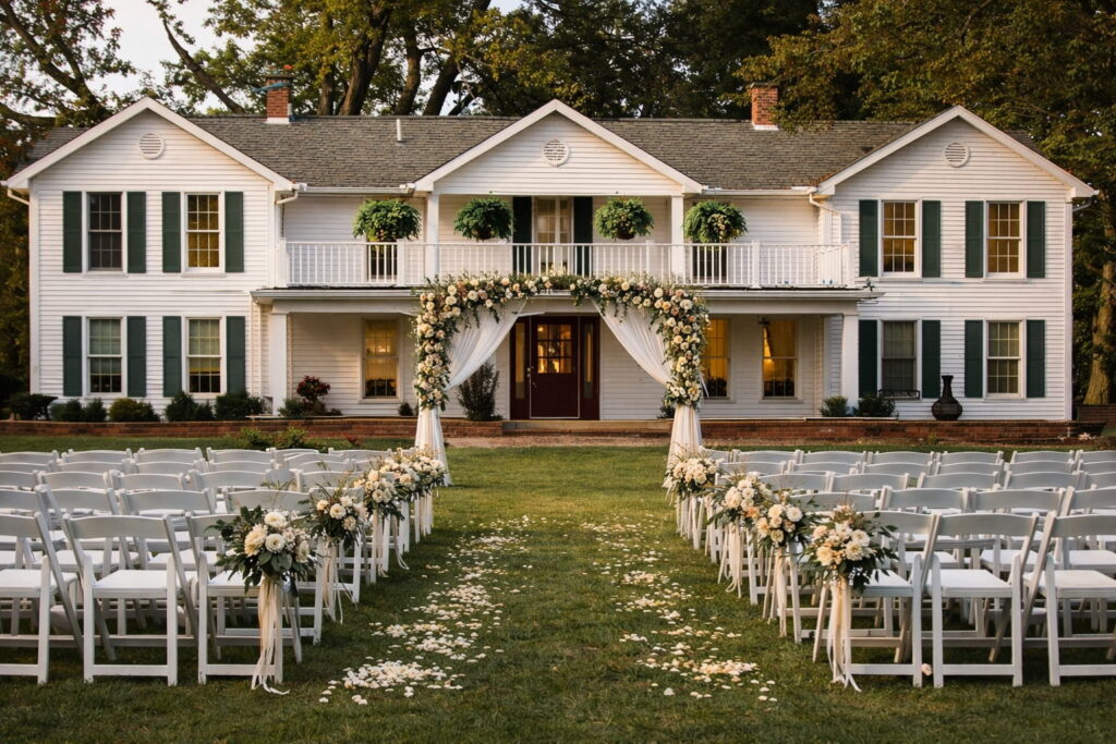 A white mansion is the backdrop for a wedding ceremony on the front lawn with white wooden chairs and a draped altar, both decorated with white and pink flowers