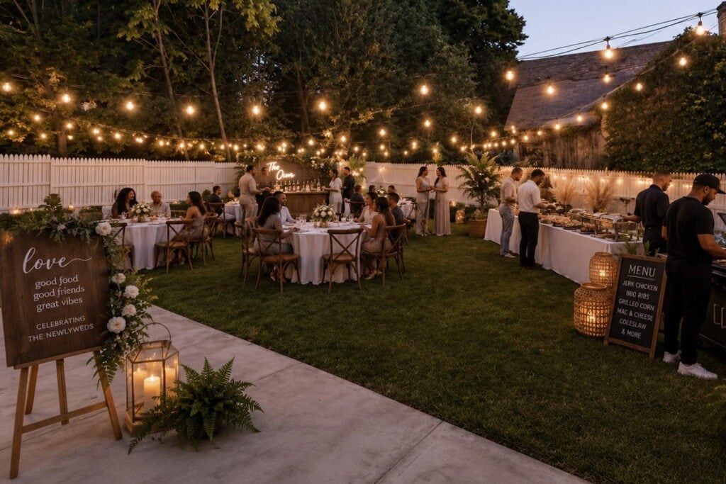 Friends and family gather around round tables with wooden chairs at an outdoor reception under string lights