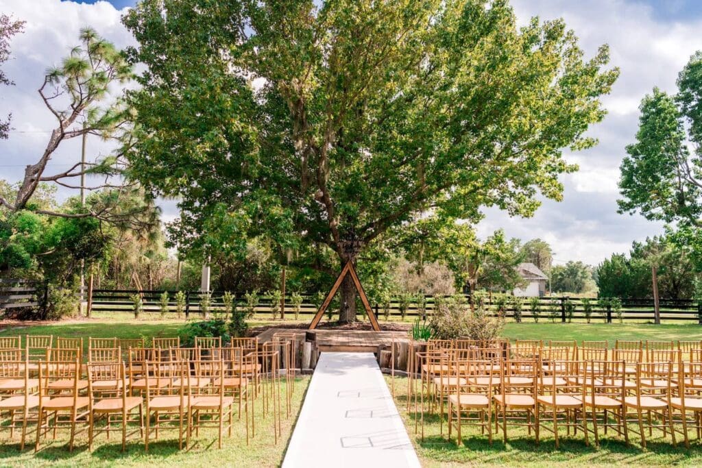 Gold chairs line an outdoor aisle that leads to a simple wooden altar underneath a large tree by a fence