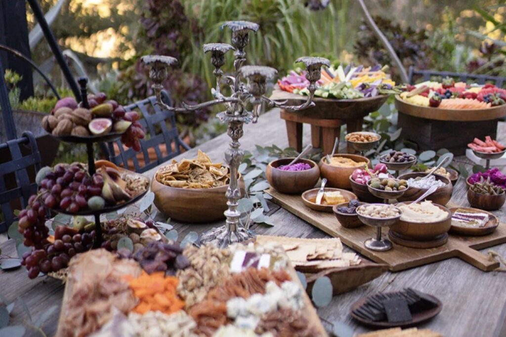 an outdoor spread of party food