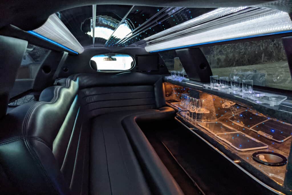 the inside of a party limo