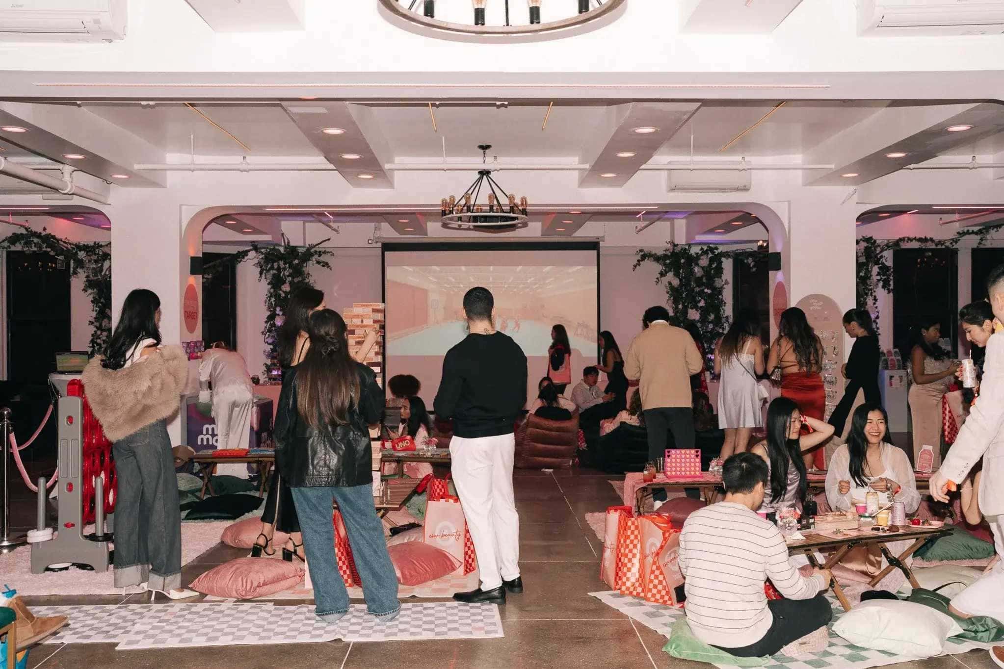 Stylish indoor Brooklyn gathering with guests mingling at event