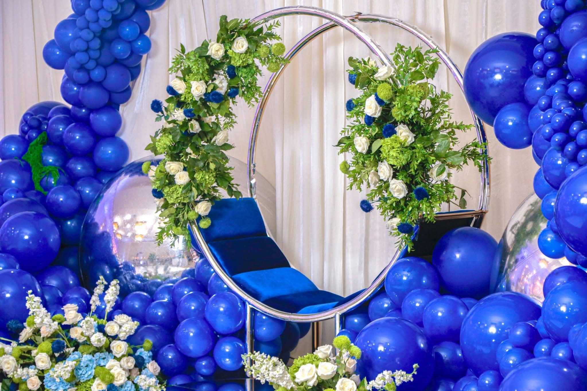 Styled balloon and floral party installation for Denver event decor