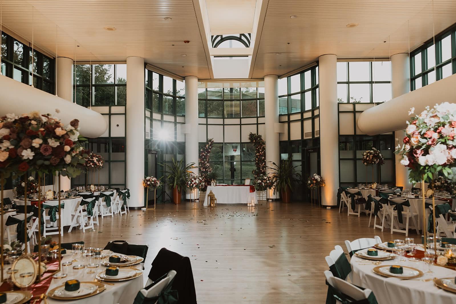 Philadelphia event venue with floral installations and formal reception table layouts