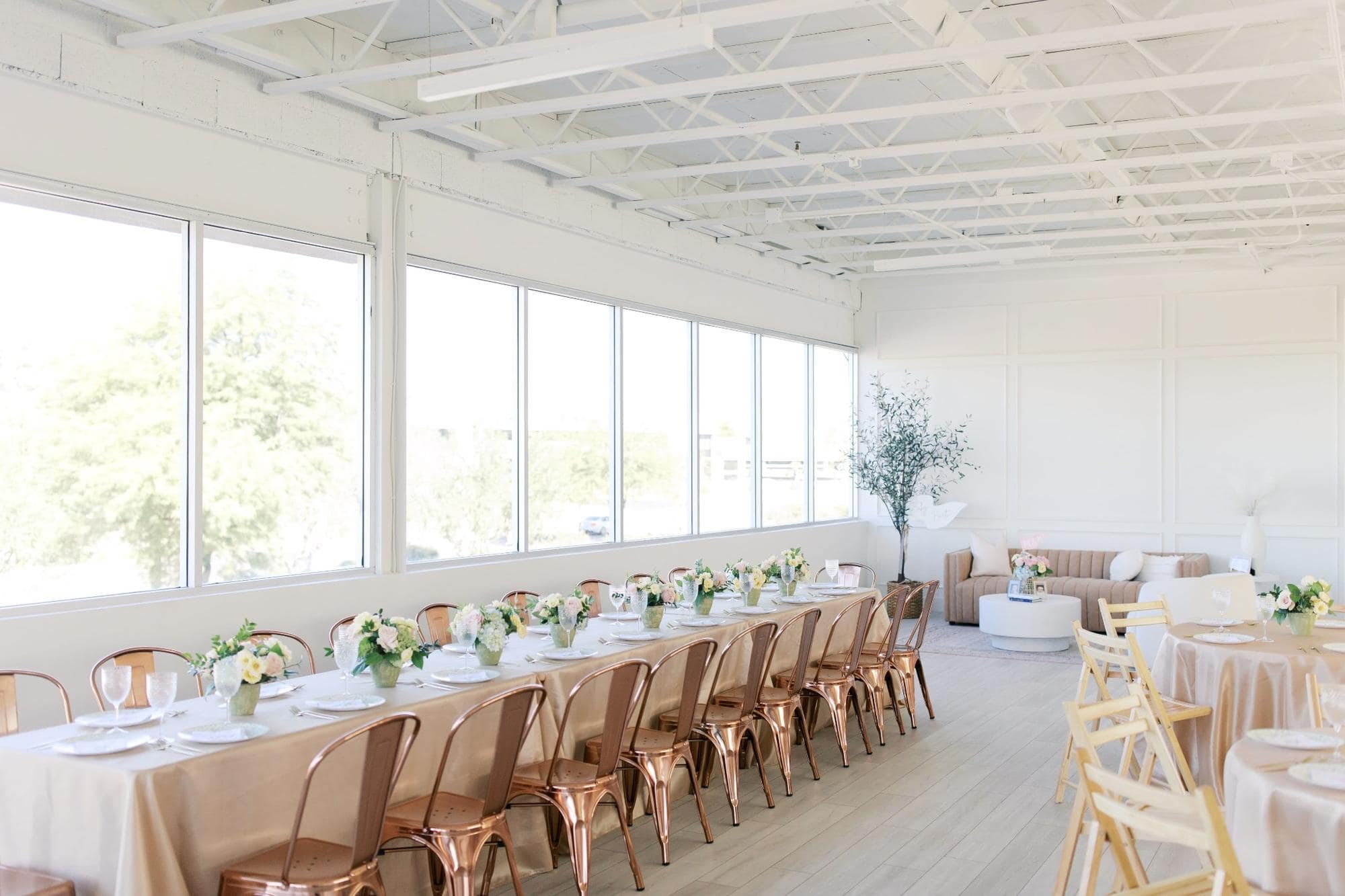 Bright modern Phoenix event venue styled for dining