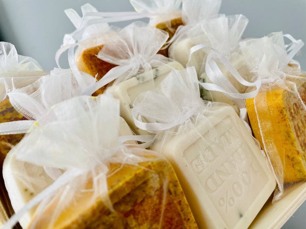Handmade soap in sachet bags for Friendsgiving party favors
