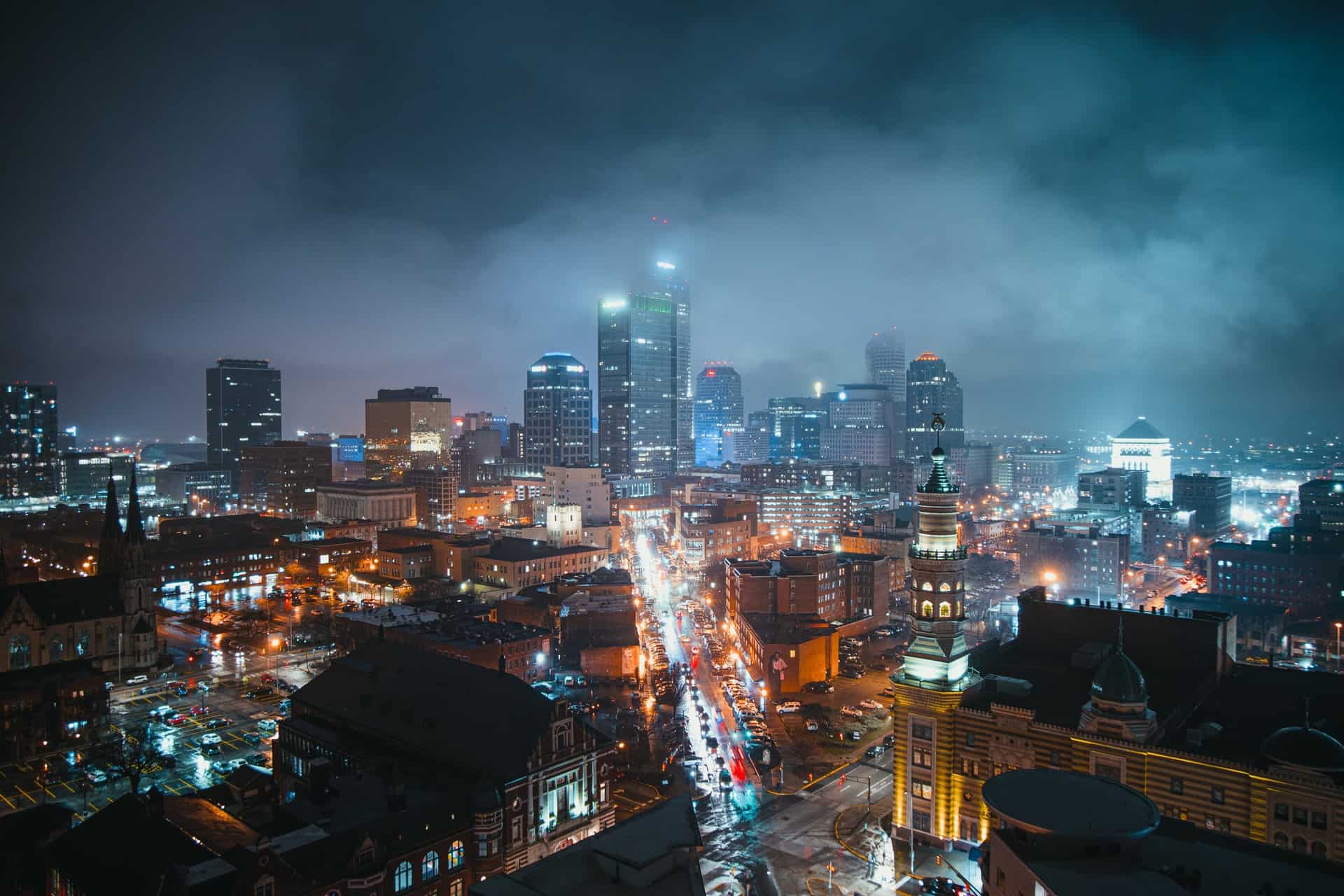 aerial shot of indianapolis at nighttime