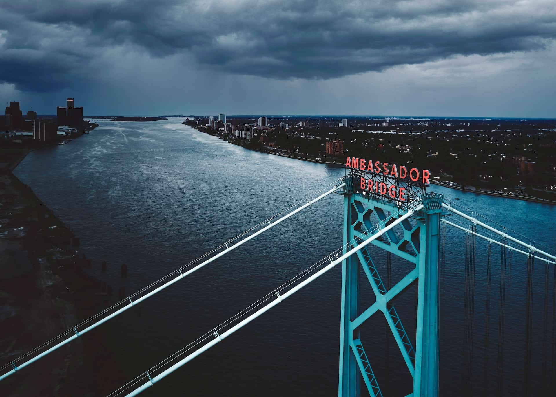 bridge over detroit river at night