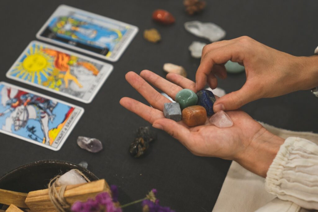 tarot cards and gemstones