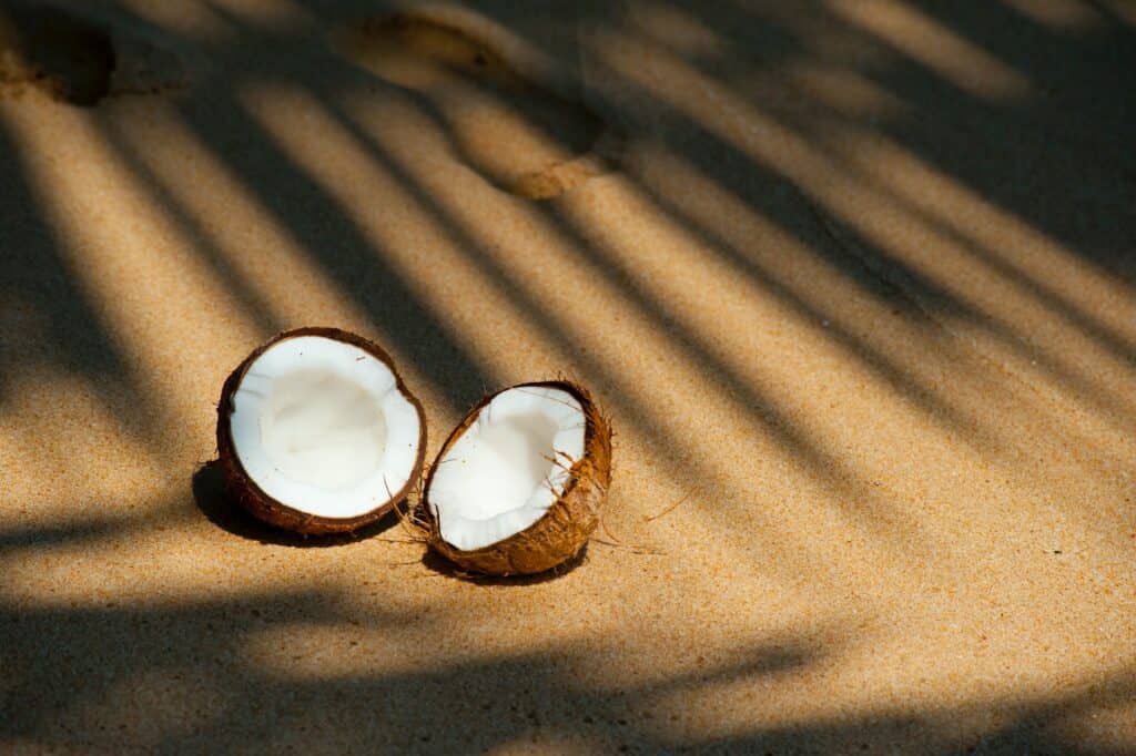 split-open coconut on brown background