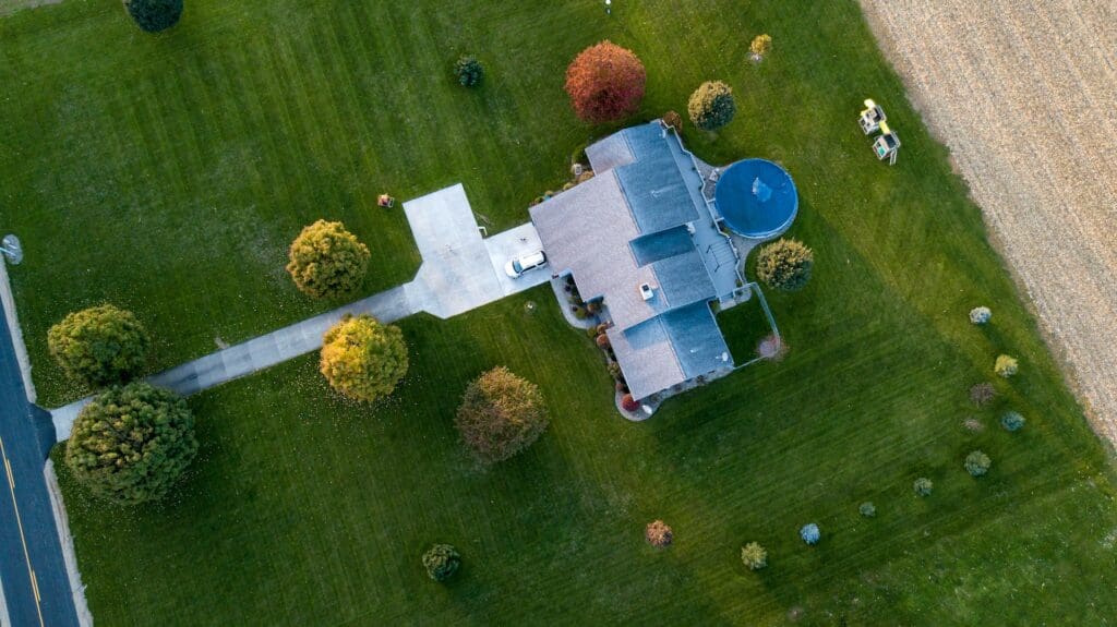 aerial shot of house and lawn