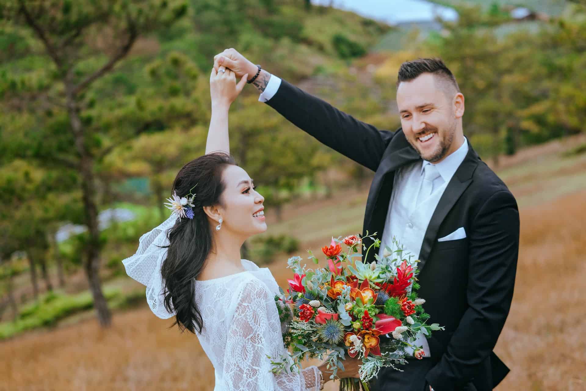 bride and groom in forest