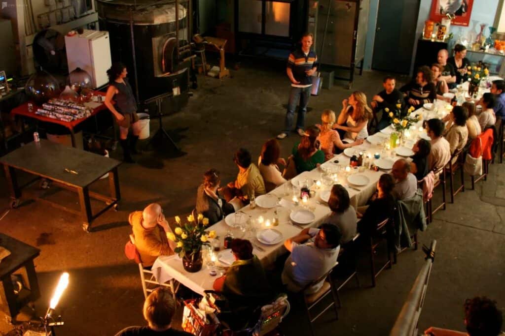 long dinner table at a party