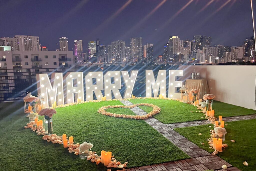 marriage proposal setup at a rooftop venue