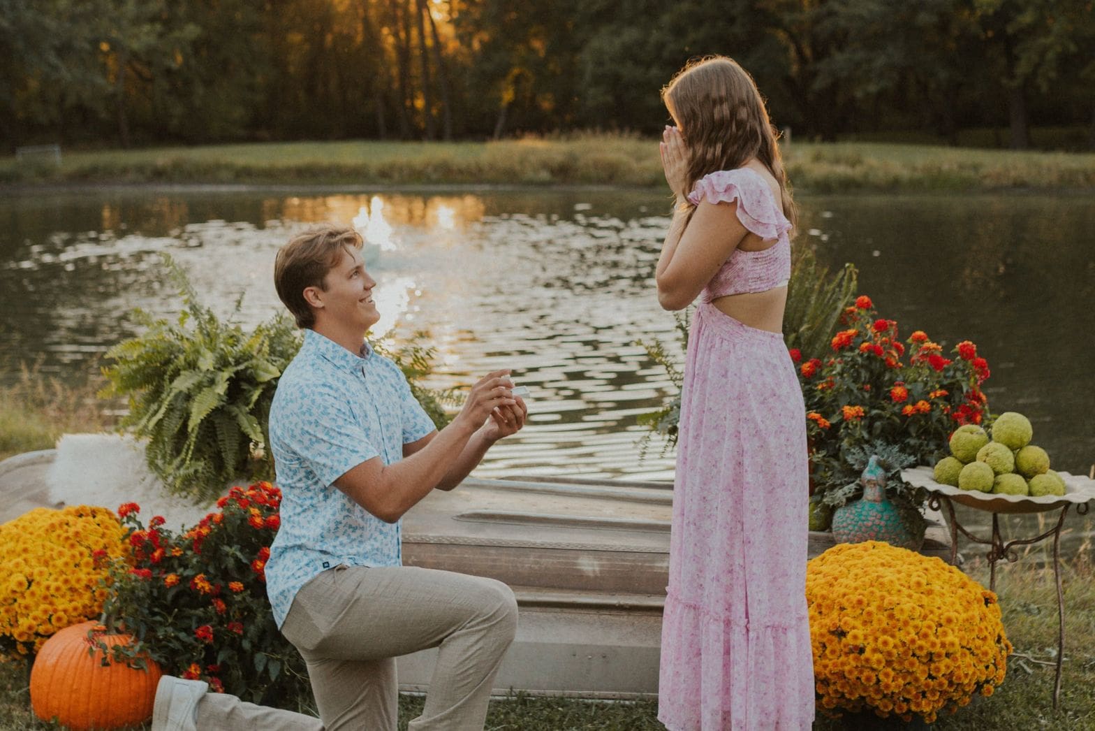 Boston skyline backdrop for a surprise marriage proposal moment