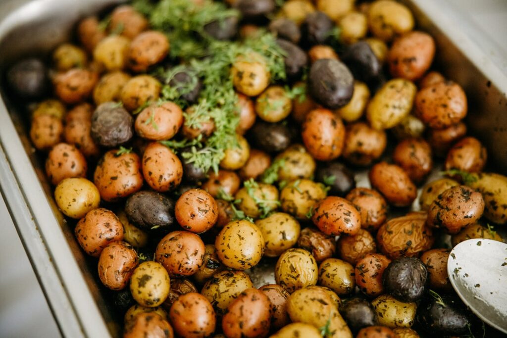 a pan of roasted potatoes